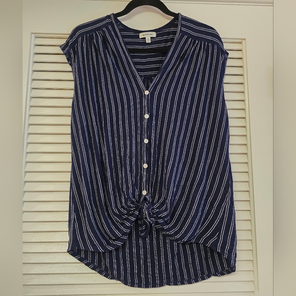 Max Studio - Navy & White Stripe Sleeveless Button Top With Tie Knot Detail